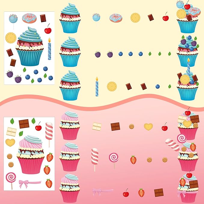 Sinmoe 100 Sheets Valentine Cupcake Stickers Colorful Make Your Own DIY Sweet Kids Cupcake Craft Mix and Match Dessert Stickers for Kids Classroom Birthday Party Favor, 20 Styles