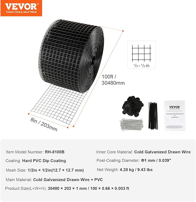 VEVOR 8in x 98ft Solar Panel Bird Guard, PVC Coated Wire Mesh Roll Kit with 100pcs Fasteners,Critter Fence,Pigeon Proofing, Black