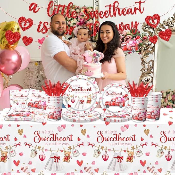 A Little Sweetheart is On The Way Decorations-142Pcs Valentines Baby Shower Tableware Red Hearts Bear Truck Little Sweetheart Paper Plates Kit