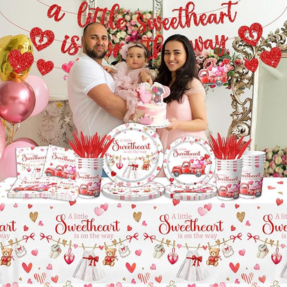 A Little Sweetheart is On The Way Decorations-142Pcs Valentines Baby Shower Tableware Red Hearts Bear Truck Little Sweetheart Paper Plates Kit