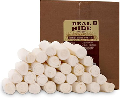 All Natural Dog Chew Treats - Premium Rawhide Rolls, 5-6 Inch - Long Lasting Grass Fed Free Range Beef Hide - Small/Medium Dogs 25 Count