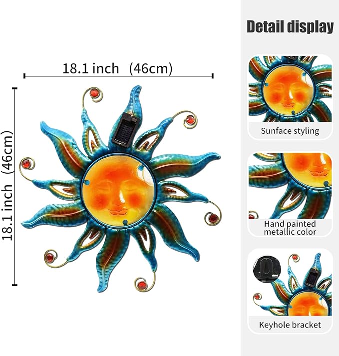 18-Inch Solar Sun Face Metal Wall Art with LED Lights, Blue