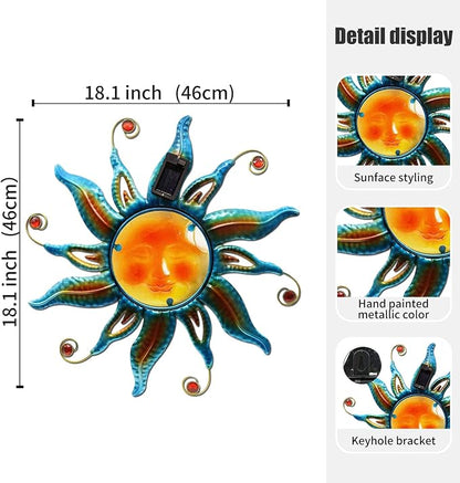 18-Inch Solar Sun Face Metal Wall Art with LED Lights, Blue