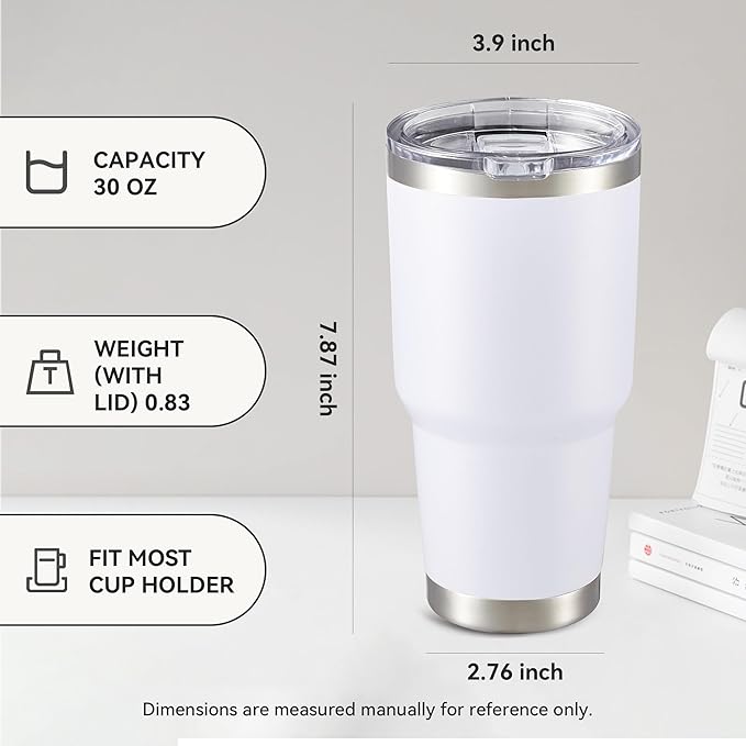 30 oz Tumbler with Lid Stainless Steel Tumblers Vacuum Insulated Cup Reusable Powder Coated Travel Mug Double Wall Leak Proof Portable Cups Keep Cold Drinks for 12 Hours, White, 1 Pack