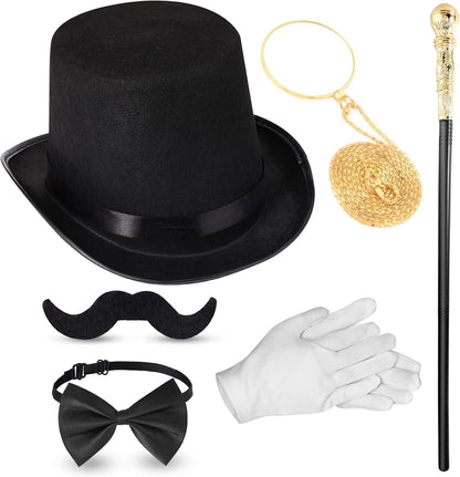 Jadive 6 Pcs 1920s Men Accessories Gentleman Costume Hat Round Head Scepter Magnifying Glass Bow, Gloves, Beard