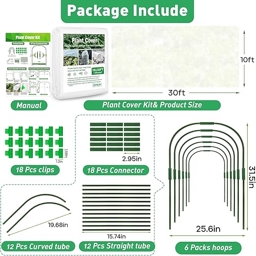 GonLei Plant Covers Freeze Protection Kit 10x30 ft Plant Blanket (6 Pcs Garden Hoops & 18 Clips) Frost Cloths for Outdoor Plants Garden Row Covers 1.05oz/yd² Plant Covers for Winter