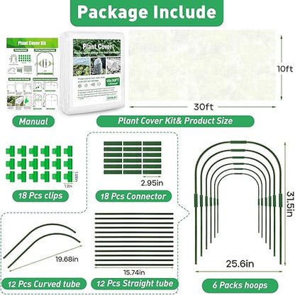 GonLei Plant Covers Freeze Protection Kit 10x30 ft Plant Blanket (6 Pcs Garden Hoops & 18 Clips) Frost Cloths for Outdoor Plants Garden Row Covers 1.05oz/yd² Plant Covers for Winter
