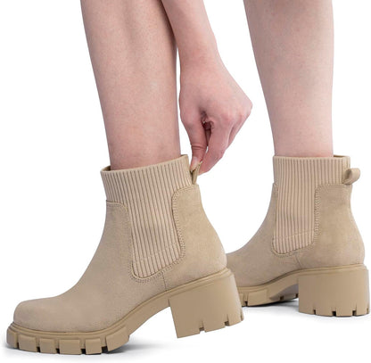 FITORY Women's Ankle Boots Comfy Chelsea Mid Heel Elastic Chunky Heel Lug Sole Booties Size 6-11