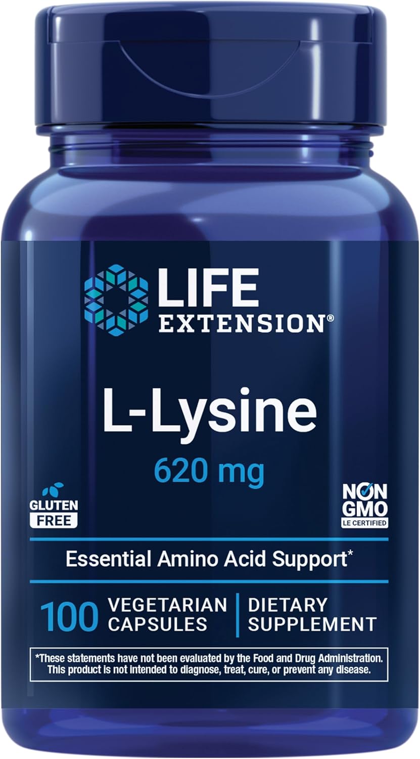 Life Extension L-Lysine, 620 mg, Essential Amino Acid for Healthy nitrogen Balance, Calcium Metabolism, Stress Response & More, Gluten-Free, Non-GMO, Vegetarian, 100 Capsules