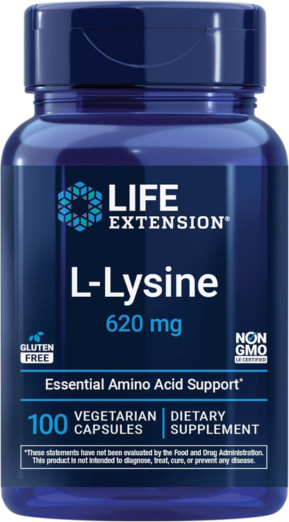 Life Extension L-Lysine, 620 mg, Essential Amino Acid for Healthy nitrogen Balance, Calcium Metabolism, Stress Response & More, Gluten-Free, Non-GMO, Vegetarian, 100 Capsules