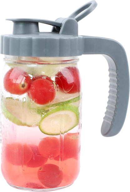 Mason Jar Pitcher 64 OZ Glass Pitcher With Pour Spout Lids Airtight Leak Proof 2 Quart Wide Mouth Water Pitcher With Handle And Flip Cap For Iced Tea, Milk, Sun Tea, Lemonade,Juice, Iced Coffee