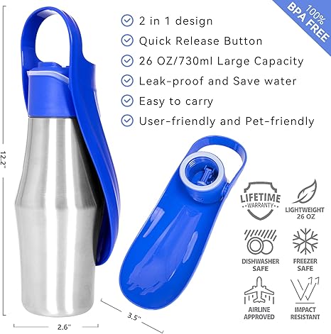 27 OZ Dog Water Bottle Portable Stainless Steel Convenient Pet Water Dispenser, Leak Proof Puppy Travel Water Bowl for Dog Outdoor Walking, Hiking, Perfect Size for All Dog Breeds, Blue