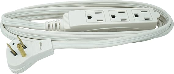 Woods SlimLine Indoor Flat Extension Cord, 8 Ft, 16 Gauge Right Angle Plug, 3 Polarized Outlets, 125 Volts, White, 2241