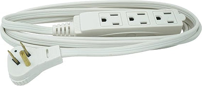 Woods SlimLine Indoor Flat Extension Cord, 8 Ft, 16 Gauge Right Angle Plug, 3 Polarized Outlets, 125 Volts, White, 2241