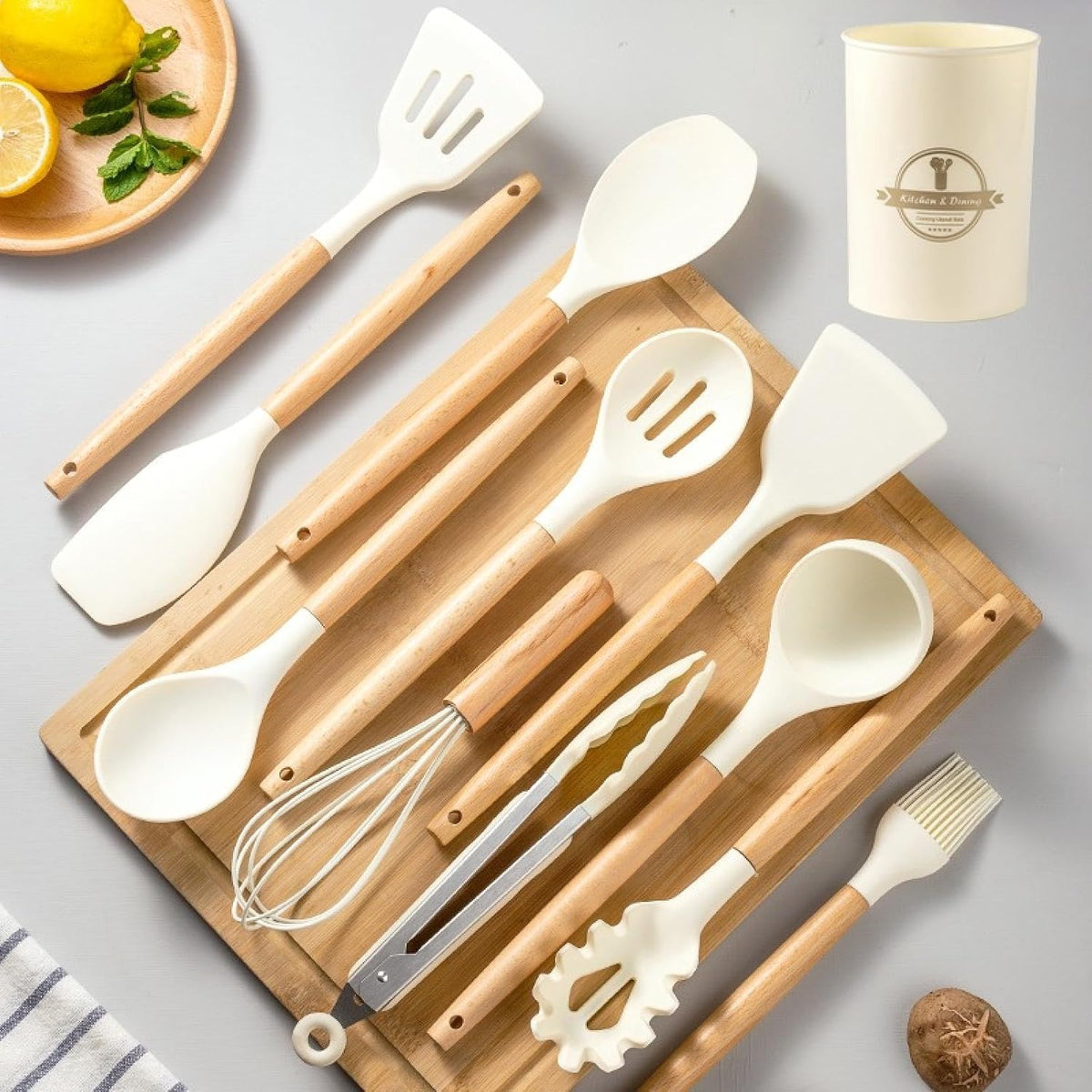 Carote 1pc Wooden Handle White Silicone Kitchenware Set 12 Pieces Set Kitchenware Pot Spatula Kitchen Tools