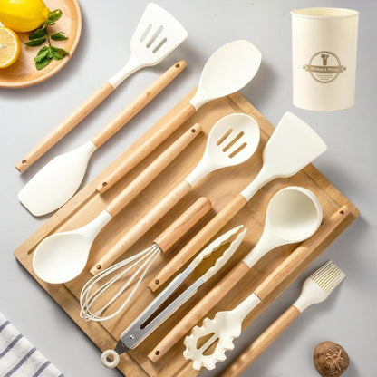 Carote 1pc Wooden Handle White Silicone Kitchenware Set 12 Pieces Set Kitchenware Pot Spatula Kitchen Tools