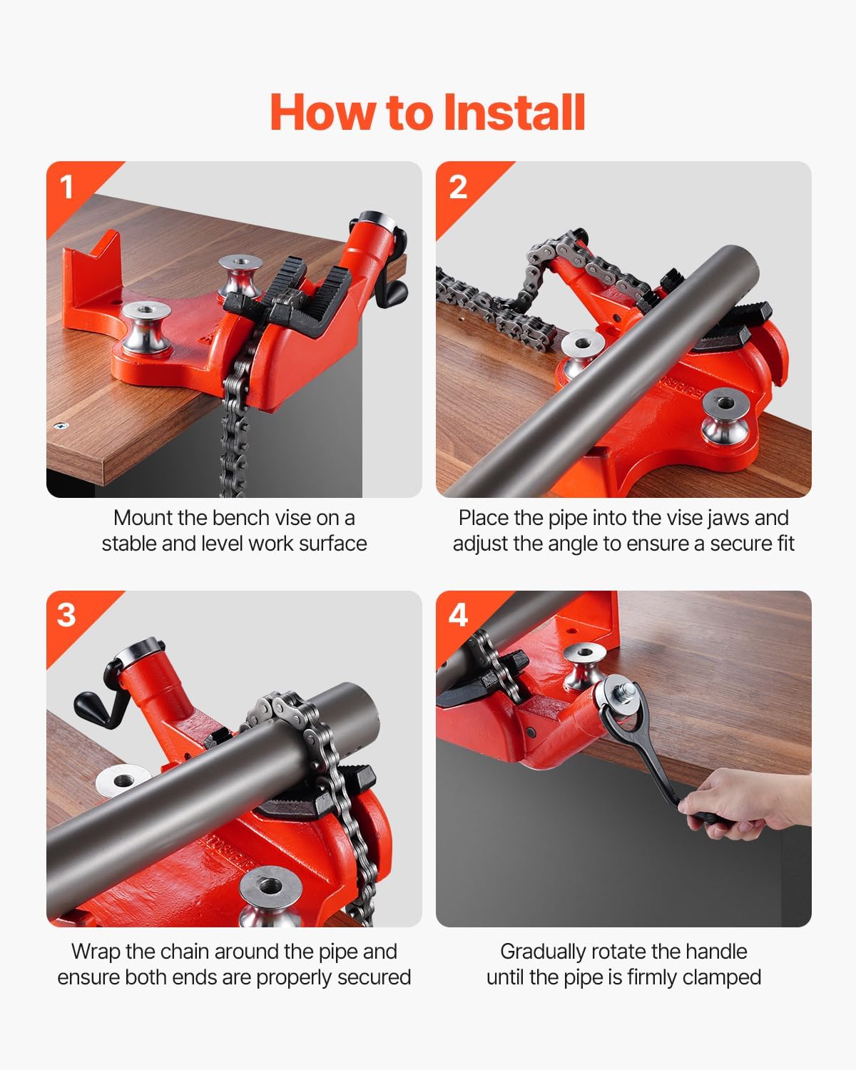 VEVOR Heavy-Duty Pipe Chain Vise, 1/2" - 8" Pipe Capacity, 34.6" Rugged Chain & Cast Iron Base, Industrial-Grade Pipe Clamping for Plumbing, Automotive Repairs, Metalworking (Bending Dies Not Included, Clamping Only)