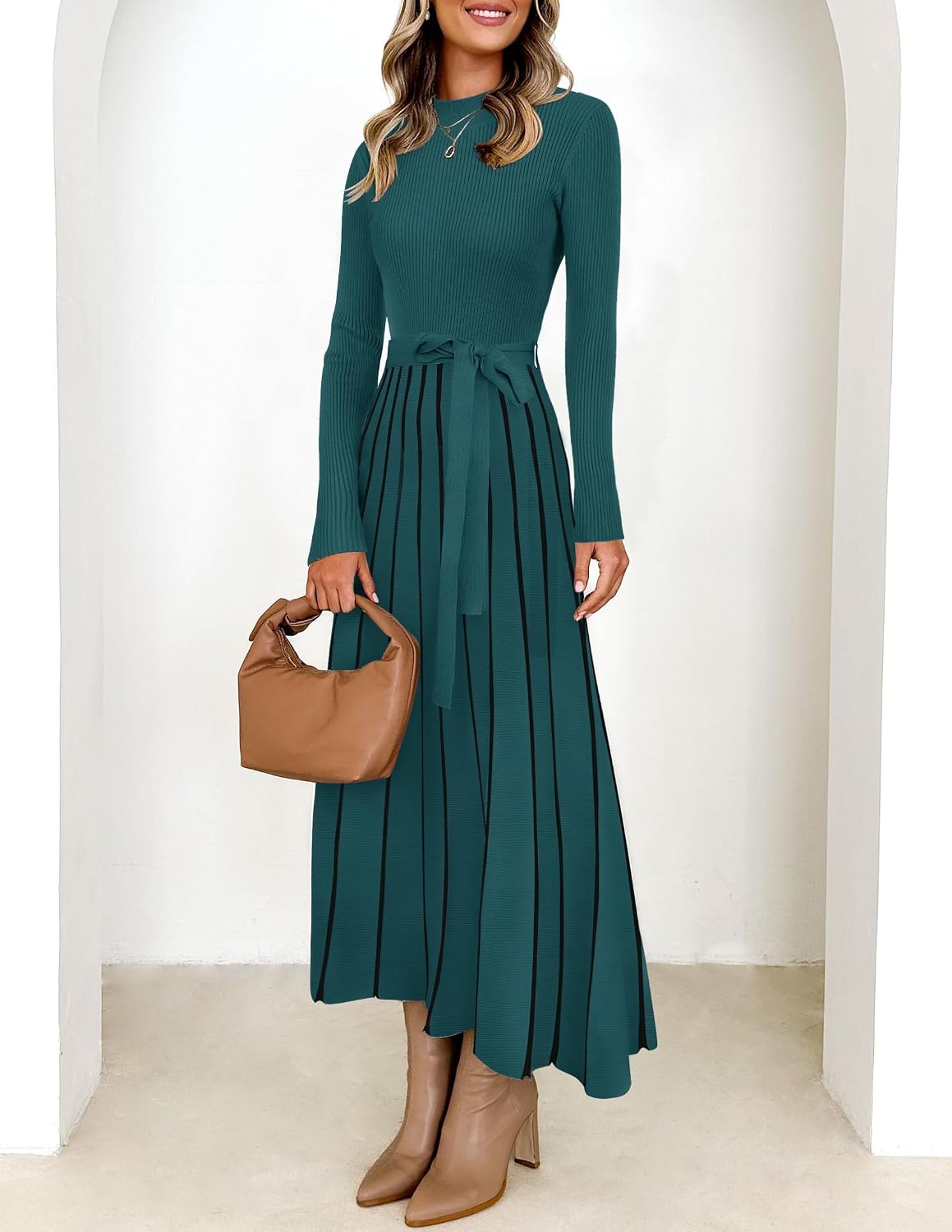 ZESICA turtleneck sweater dress, soft, stretchy ribbed knit, flattering A-line silhouette, casual yet trendy look.