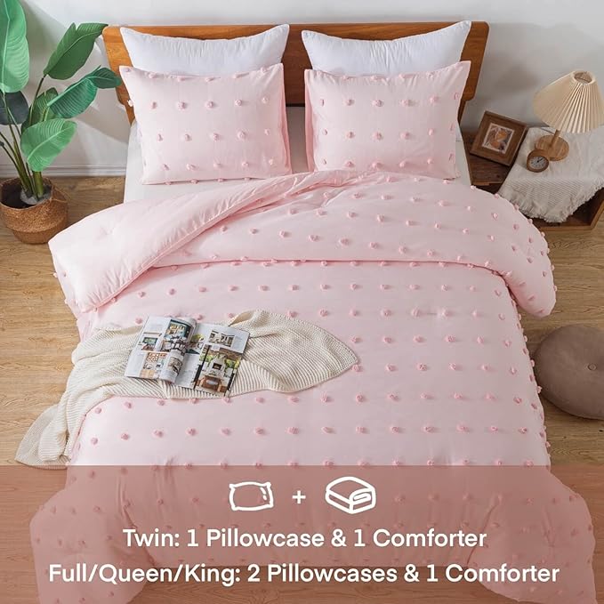 Paxrac Pink TwinTwin XL Comforter Set (68x90 inches), 2 Pieces- Soft Cotton Lightweight Blush Comforter with 1 Pillowcase, Chenille Dots All Season Down Alternative Comforter Set for Bedding