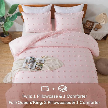 Paxrac Pink TwinTwin XL Comforter Set (68x90 inches), 2 Pieces- Soft Cotton Lightweight Blush Comforter with 1 Pillowcase, Chenille Dots All Season Down Alternative Comforter Set for Bedding