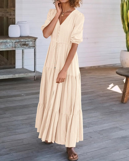 BTFBM Women Summer Dresses Short Sleeves V Neck Button Drawstring Maxi Dresses Solid Color Boho Long Dresses