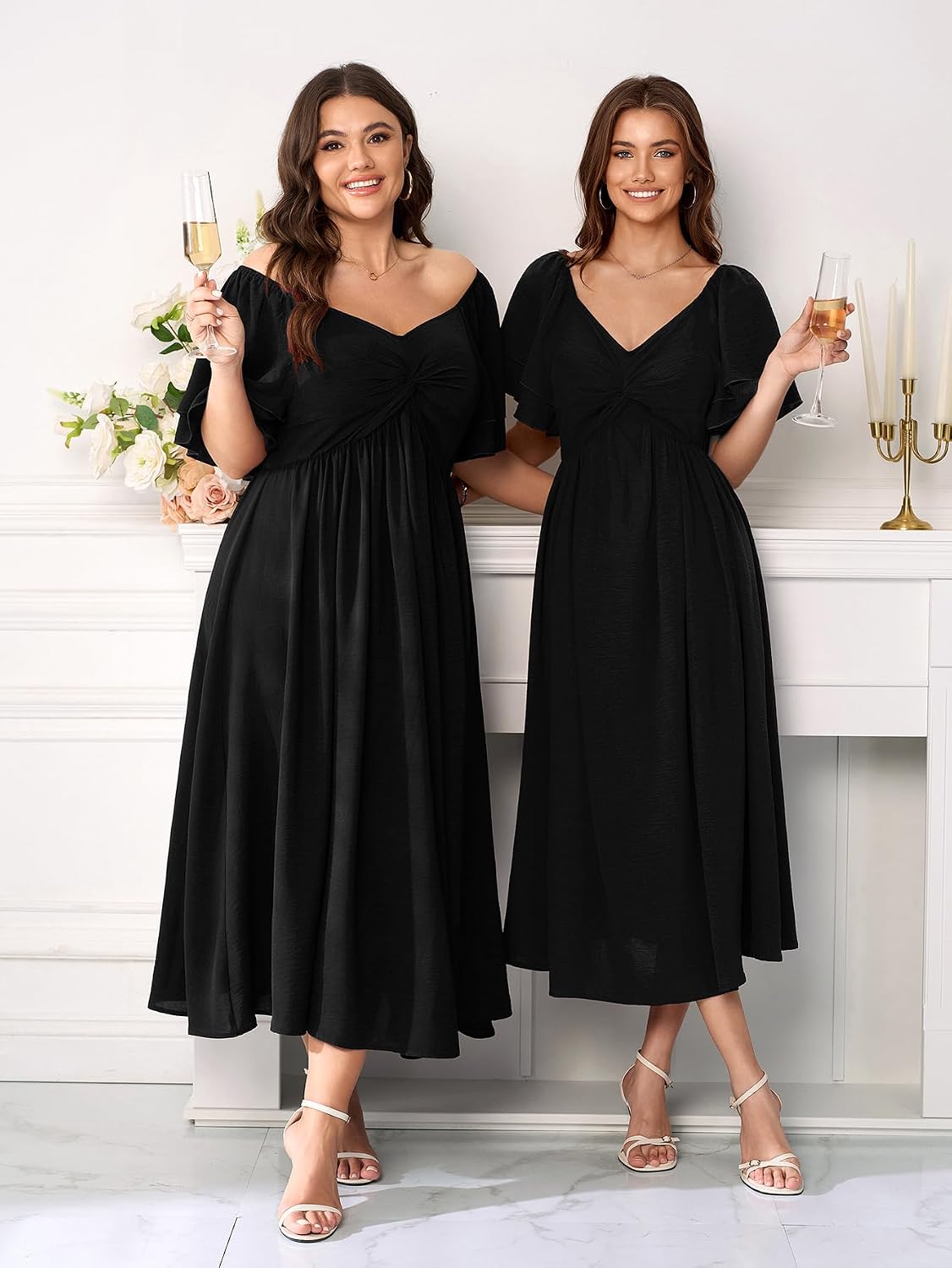 SCOMCHIC Women's Plus Size Wedding Guest Cocktail Dresses Sweetheart Neckline Ruffle Sleeve A Line Maxi Dress.