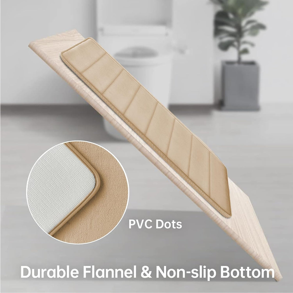 Memory Foam Bath Mat Set 3 Piece, Soft and Comfortable, Super Water Absorption, Non-Slip, Thick, Machine Wash, Easier to Dry for Bathroom Floor Rug, Beige Toilet Rug Bathroom Set (PVC backing design looks different than picture)
