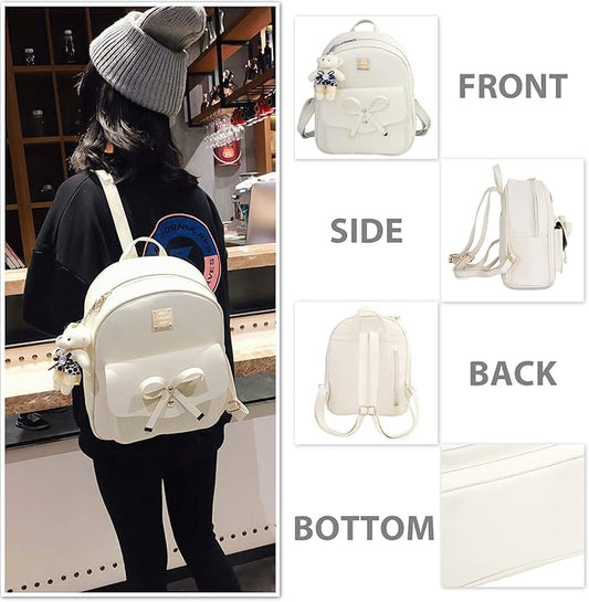 K.E.J. Women Mini Backpack Purse Bowknot Leather Backpack 3-PCS Cute Small Backpack Purse for Women Rucksack for Ladies Shoulder Bag