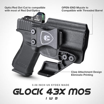 WARRIORLAND IWB Kydex Holster wClaw  Optics Cut Compatible with Glock 43  G43X  G43X MOS Pistol, Inside Waistband Concealed Carry Holster, Adj. Retention  Cant, Right Hand