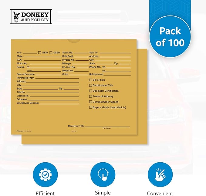 Printed Vehicle Deal Envelopes 9x12 Deal Jackets (100 shrink wrapped) (Buff)