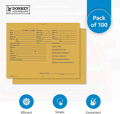 Printed Vehicle Deal Envelopes 9x12 Deal Jackets (100 shrink wrapped) (Buff)