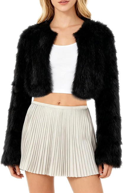 Amazhiyu Women's Faux Fur Cropped Coat Long Sleeve Open Front Winter Jacket .
