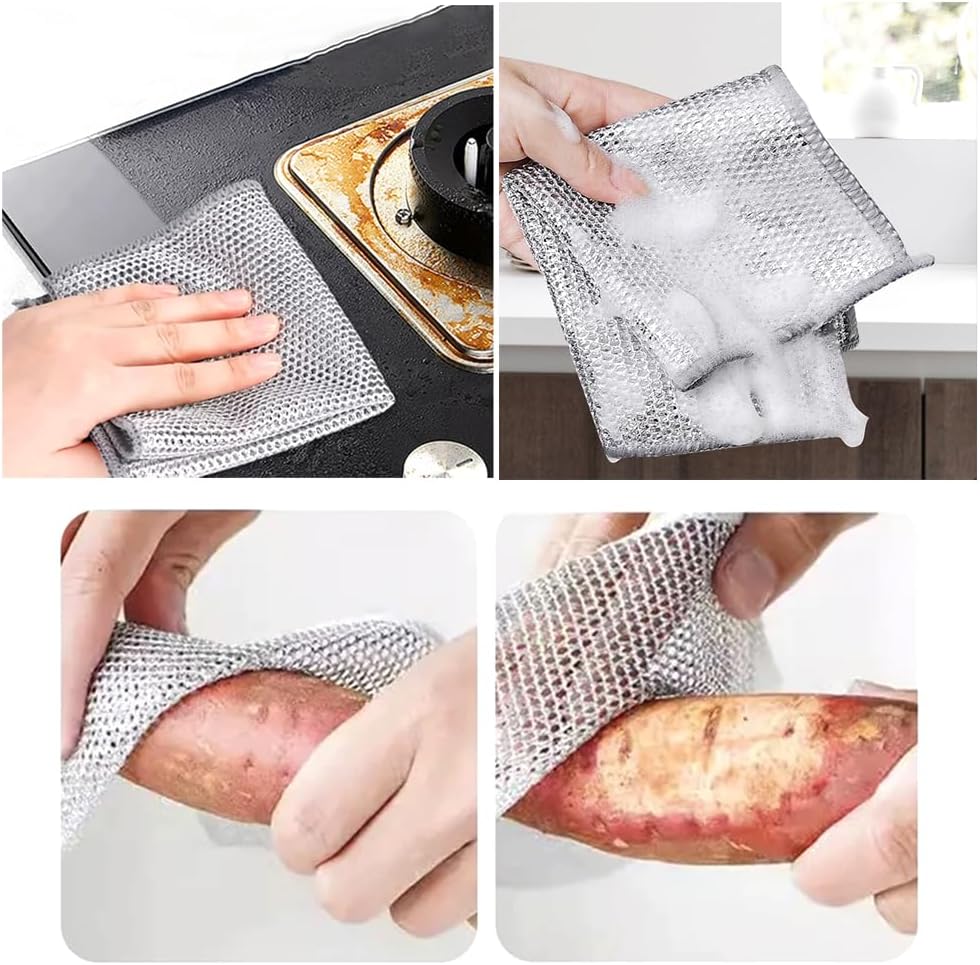 10 PCS Double Layer Stainless Steel Scrubber Wire Dishwashing Cloth Non Scratch Stainless Steel Mesh Dish Cleaning Cloth 20x20cm Metallic Wire Cleaning Rag Towel for Kitchen Dish Sink Stove Top