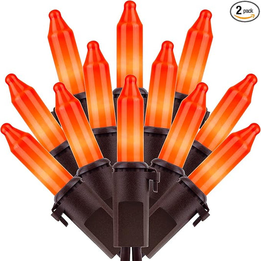 200 Count Orange Christmas Lights, Pack of 2 Strands 100 Count 33 ft Brown Wire UL Listed Halloween String Light (Orange)