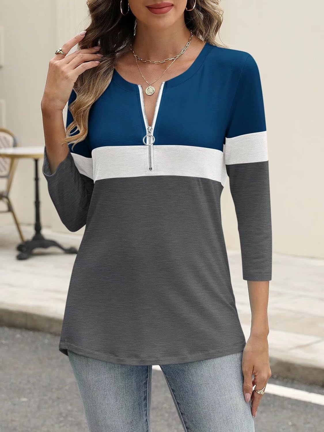 WomenТs 3/4 Length Sleeve Tops Summer Color Block Zipper T Shirts Casual Ladies Tees