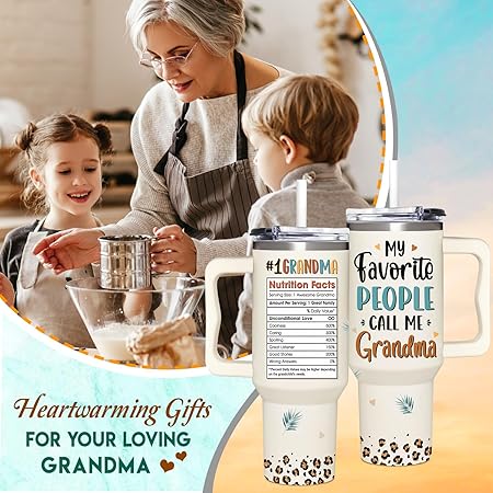 Grandma Gifts from Grandkids, Granddaughter, Grandson, Grandchildren - Practical Mothers, Birthday, Christmas, Ideas Gifts for Grandma Tumbler 40oz with Handle  Straw