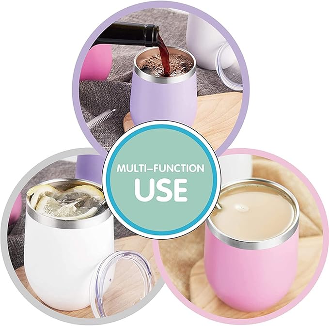 Leak-Proof Insulated Coffee mug 12oz Wine Tumblers , Stainless Steel Stemless Wine Glass with Lids and Straws, Double Wall Vacuum Insulated Tumbler Cup, Coffee Mug for Cold Hot Drinks Iced Tea Coffee