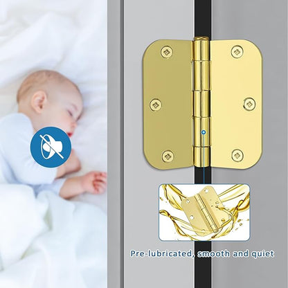 KNOBWELL 3 Pack 3.5" Polished Brass Door Hinges No Squeak, Heavy Duty Hinge for EntryGarageGate, Gold ExteriorInterior Door Hinges with 58" Radius Corners
