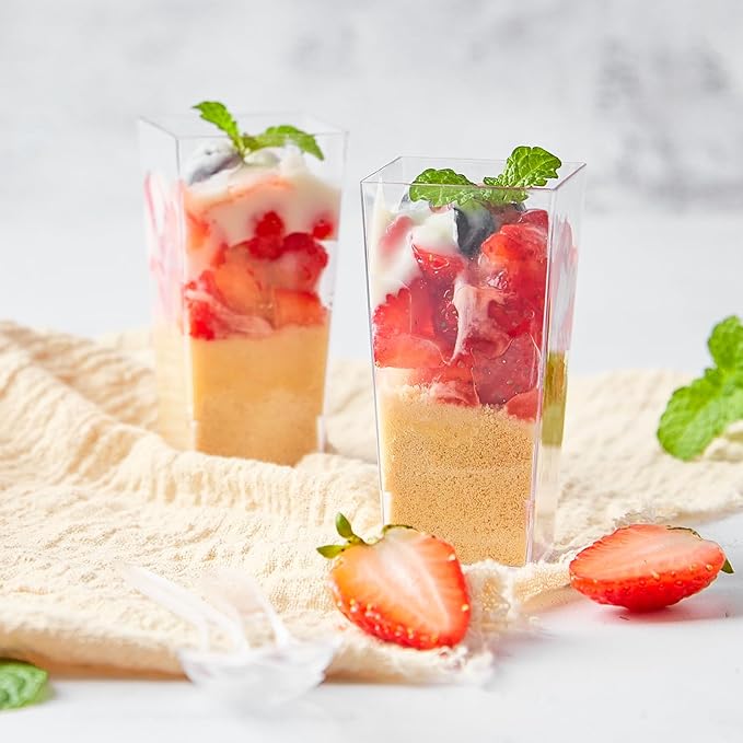 Kucoele 50 Pack 3oz Mini Dessert Cups with Spoons, Square Tall Shooter Cups Clear Plastic Party Serving Cups for Parfait, Appetizer, Pudding, Yogurt and Ice Cream