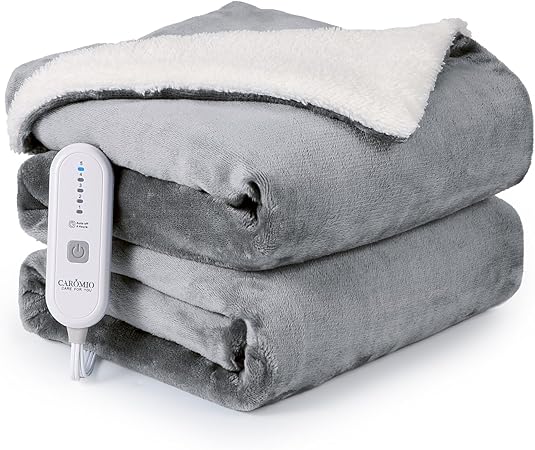 CAROMIO Heated Blanket Electric Throw 50" x 60", Soft Thickened Flannel to Sherpa Fast Heating Blanket with 5 Heat Levels  4 Hours Auto Off, ETL Certified Electric Blankets for Adults, Grey