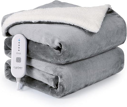 CAROMIO Heated Blanket Electric Throw 50" x 60", Soft Thickened Flannel to Sherpa Fast Heating Blanket with 5 Heat Levels  4 Hours Auto Off, ETL Certified Electric Blankets for Adults, Grey