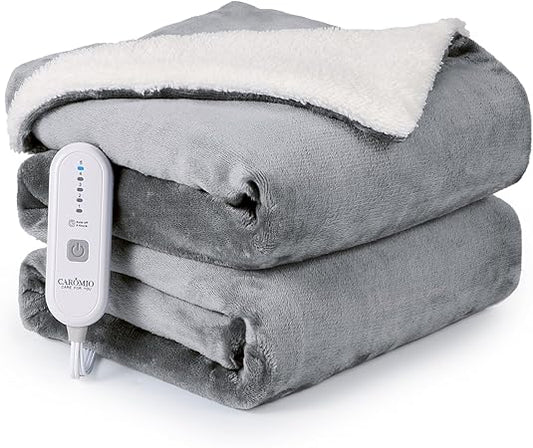CAROMIO Heated Blanket Electric Throw 50" x 60", Soft Thickened Flannel to Sherpa Fast Heating Blanket with 5 Heat Levels  4 Hours Auto Off, ETL Certified Electric Blankets for Adults, Grey
