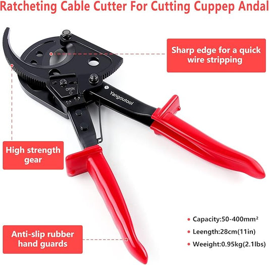 Yangoutool Ratcheting Cable Cutters up to 400mm2 22.5mm0.89 inches Heavy Duty Aluminum Copper Ratchet Wire Cutter for Cutting Electrical Wire
