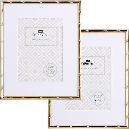 8x10'' Bamboo Detail Gold Metal Picture Frame with Acid Free Mat for 5x7'' Set of 2, Narrow Gold Plated Photo Frames 5 x7'' With Soft Touch Velvet Backing for Desktop and Wall Decor(Dark Gold)
