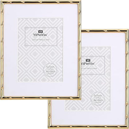 8x10'' Bamboo Detail Gold Metal Picture Frame with Acid Free Mat for 5x7'' Set of 2, Narrow Gold Plated Photo Frames 5 x7'' With Soft Touch Velvet Backing for Desktop and Wall Decor(Dark Gold)