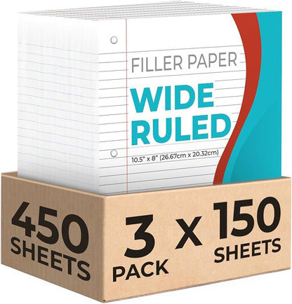 Loose Leaf Paper, 300 Sheets, 2 Pack, College Ruled Paper, 8" x 10.5", Bulk Office Filler Paper, 3 Hole Punched, 150 Sheets/Pack, 56 gsm Paper, College Ruled Notebook Paper for Binder, White