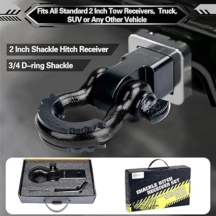 AUTOBOTS Shackle Hitch Receiver 2", 45,000 Lbs Break Strength Heavy Duty Receiver with 5/8" Screw Pin, 3/4" D Ring Shackles, Towing Accessories for Vehicle Recovery Off-Road, Black&Black