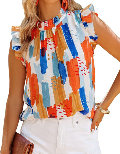 Allimy Women Summer Ruffle Trim Neckline Tank Tops Double Lined Chiffon Blouses