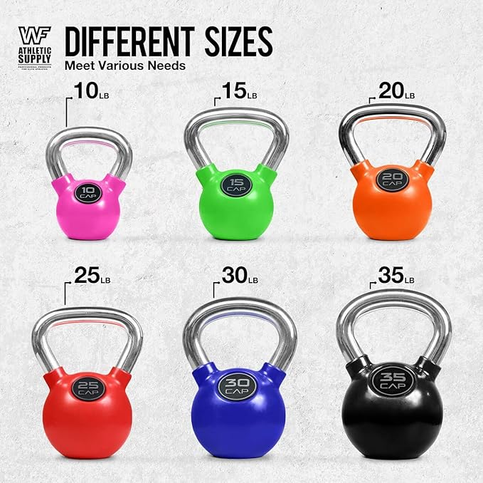CAPHAUS Color Rubber Coated Kettlebell with Chrome Handle, Great for Cross Training, Swings, Body Workout and Muscle Exercise, Weight available: 10, 15, 20, 25, 30, 35  100, 125, 135lb Set with Rack