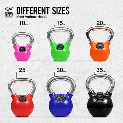 CAPHAUS Color Rubber Coated Kettlebell with Chrome Handle, Great for Cross Training, Swings, Body Workout and Muscle Exercise, Weight available: 10, 15, 20, 25, 30, 35  100, 125, 135lb Set with Rack